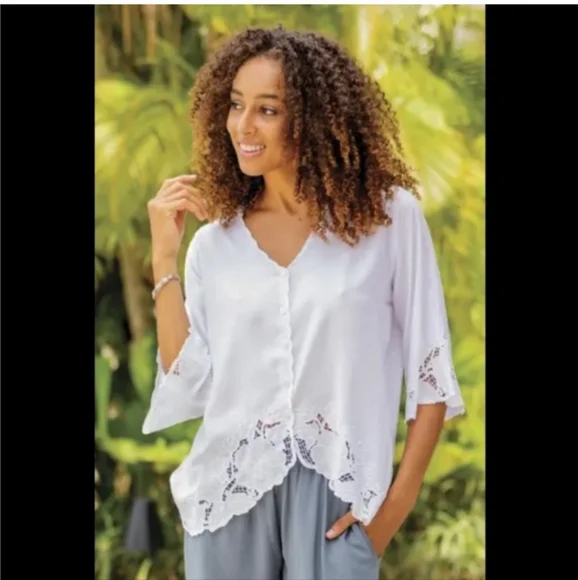 Soft Surrounding Sapphire Embroidered Trim Button Up Blouse Top - Picture 2 of 13